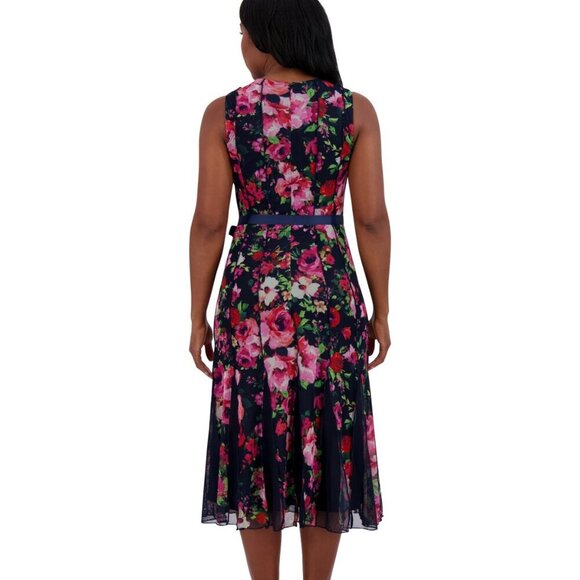 Jessica Howard Petite Floral-Mesh Ribbon-Waist Midi Dress โ Navy Multi โ 4P NWT - Picture 3 of 5